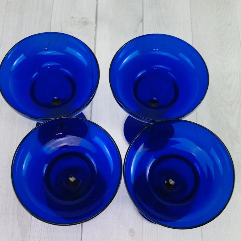Dark Cobalt Blue Stemmed Sherbet Dessert Margarita Welled Glasses Set of Four